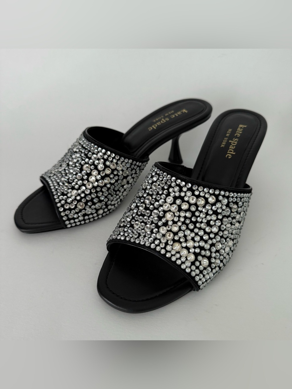 Kate Spade Malibu Black Leather Crystal Embellished Open Toe Slide Mules Sandals